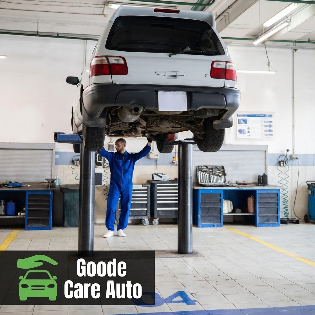 A white car is lifted on a vehicle lift while a mechanic in blue coveralls inspects its underside inside an auto repair garage, with toolboxes and equipment visible in the background.