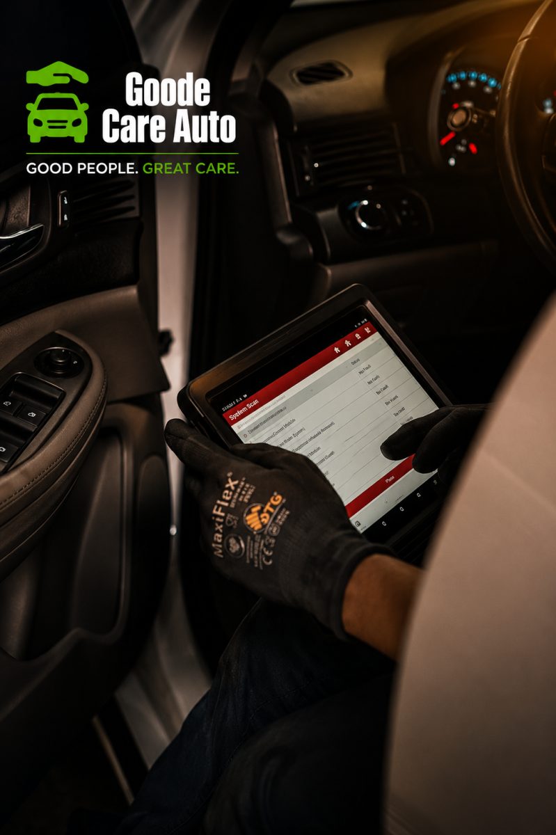 A person wearing gloves uses a diagnostic tablet inside a vehicle while the Goode Care Auto logo is visible.